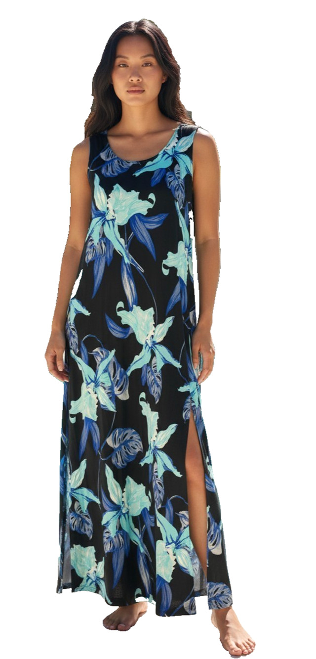 Chico's Sz 1 M Maxi Tank Dress Side Slit Black Blue Tropical Stretch Knit Resort